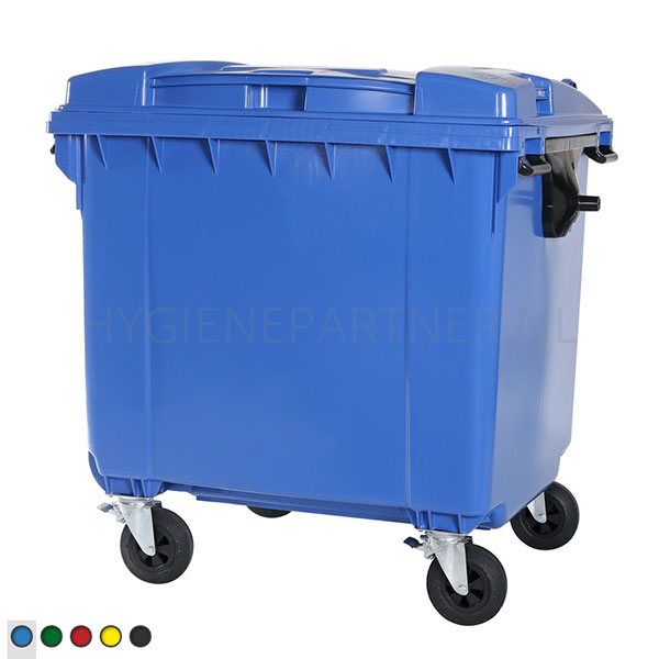 BA101015-30 Kunststof afvalcontainer 1100 liter vlakke deksel met vier wielen blauw