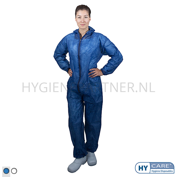 DI051002-30 Hycare disposable overall capuchon non-woven polypropyleen met PE-coating blauw